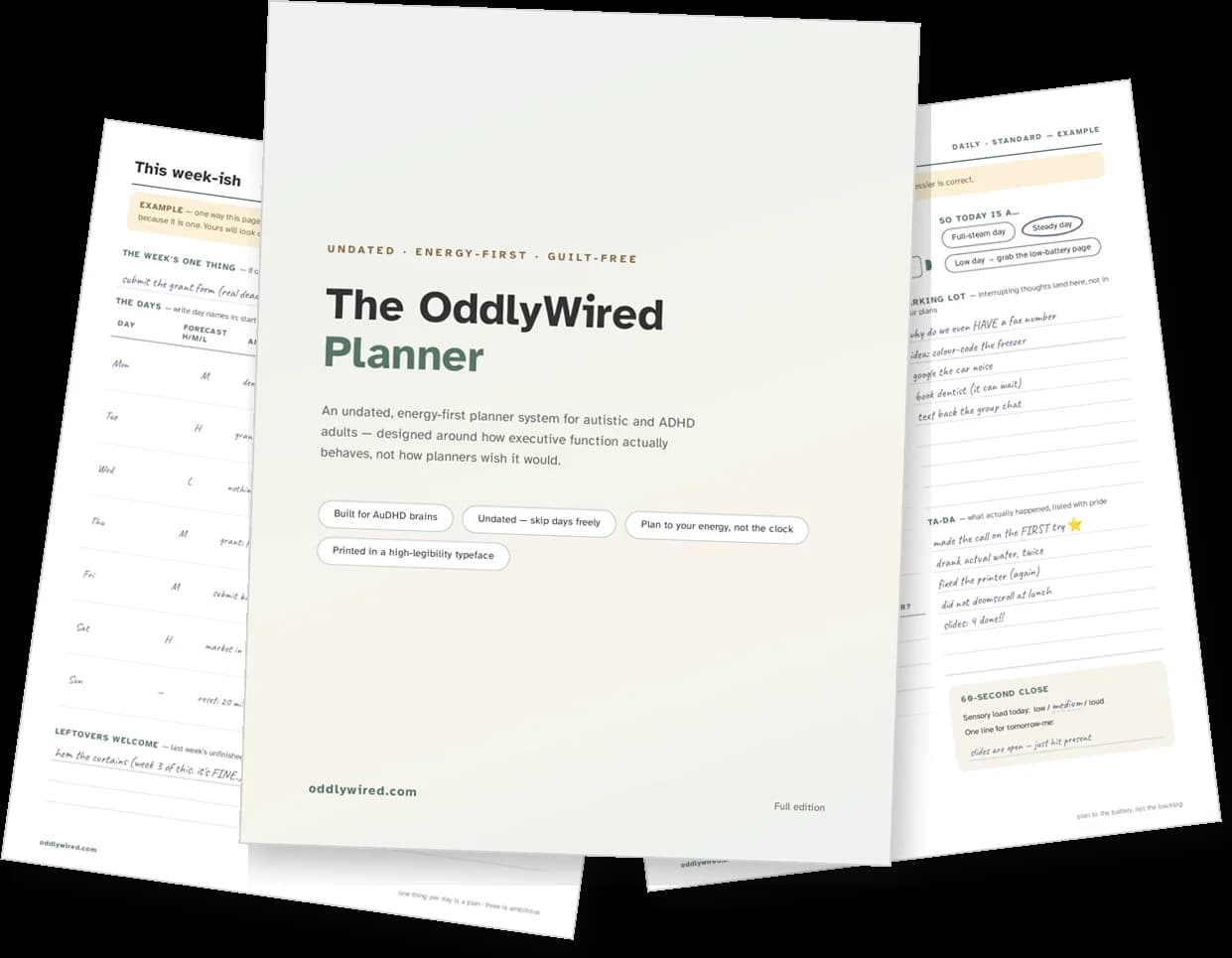 Three pages of the OddlyWired Planner fanned out: the cover, a filled-in daily page, and a weekly plan